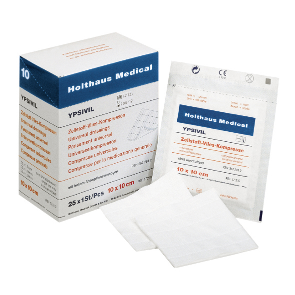 YPSIVIL ZELLSTOFF-VLIESKOMPRESSE 17210 VP 25 STK 10 X 10 CM BEIDSEITIGE VLIESAUF