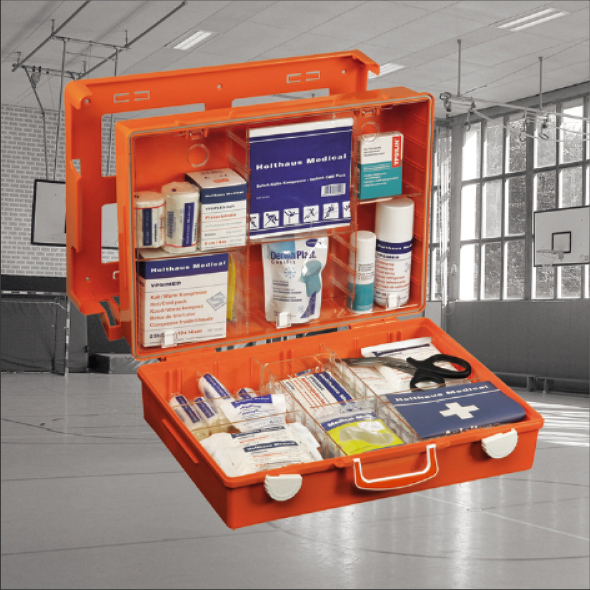 SANITÄTSKOFFER SPORT 400X300X150MM GEFÜLLT ORANGE KOFFER AUS ABS, MIT BEDARFGER.